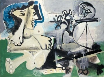 Nu assis et joueur de flute 1967 Cubist Oil Paintings